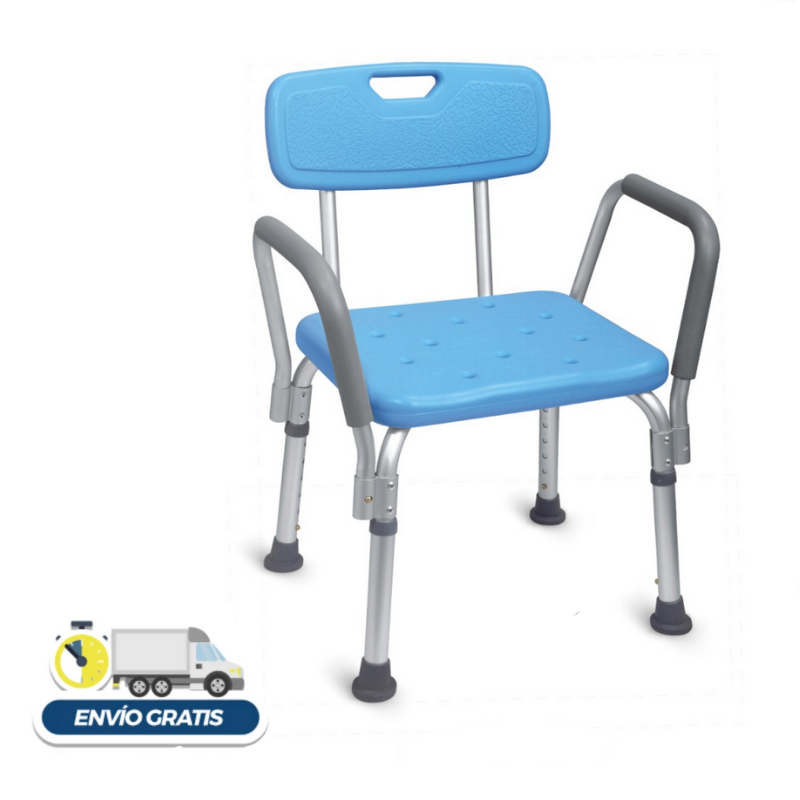 SILLA DE BAÑO CON RESPALDO Y BRACERO, CELESTE