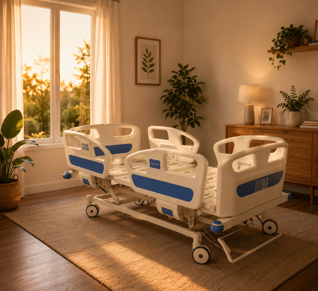 Cama tipo hospitalaria eléctrica con barandales altos  + Colchón de espuma 6" | Obsequio cojín de rodillas