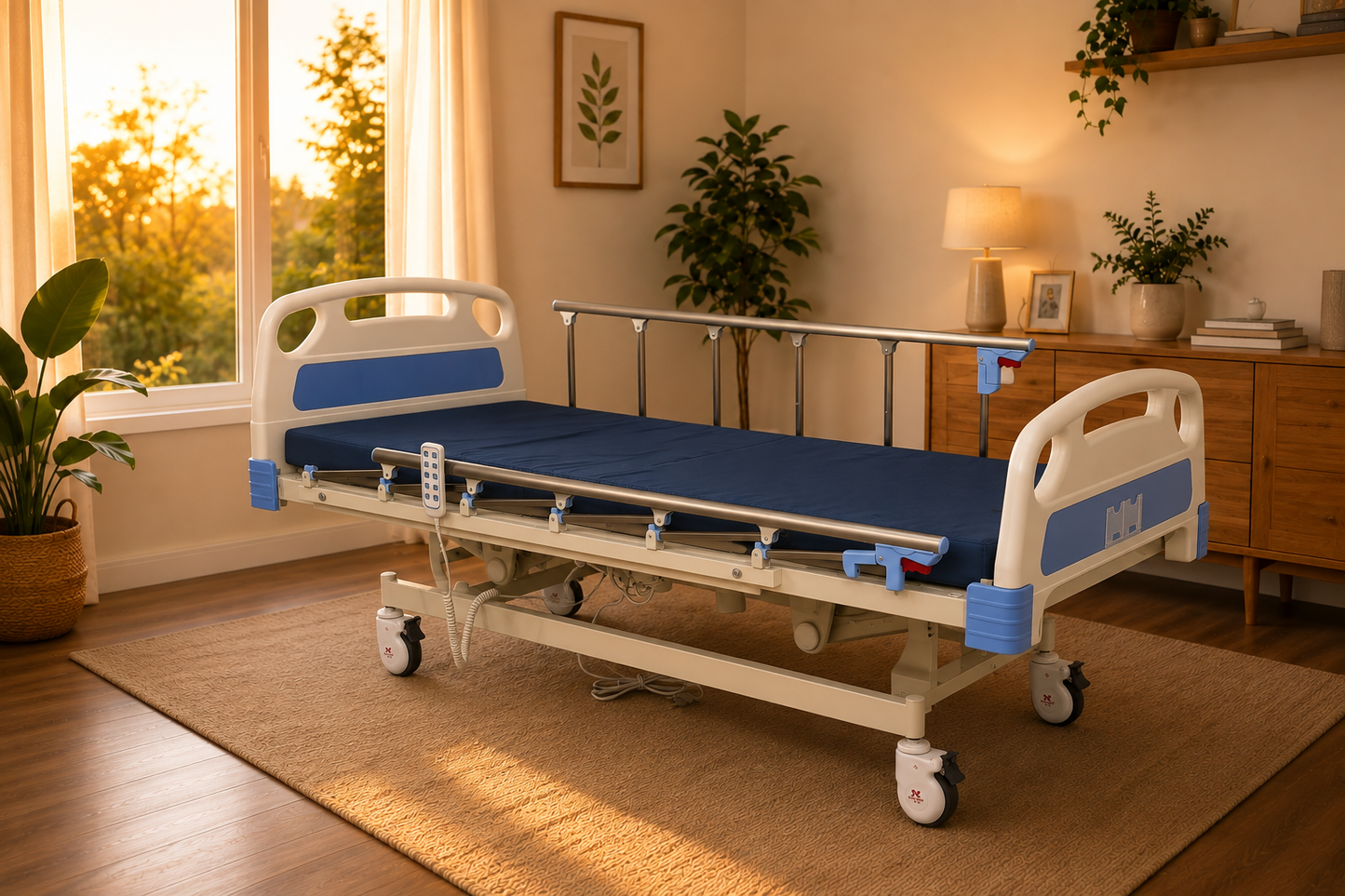 Cama tipo hospitalaria eléctrica con barandales altos de aluminio  + Colchón de espuma 6" | Obsequio cojín de rodillas