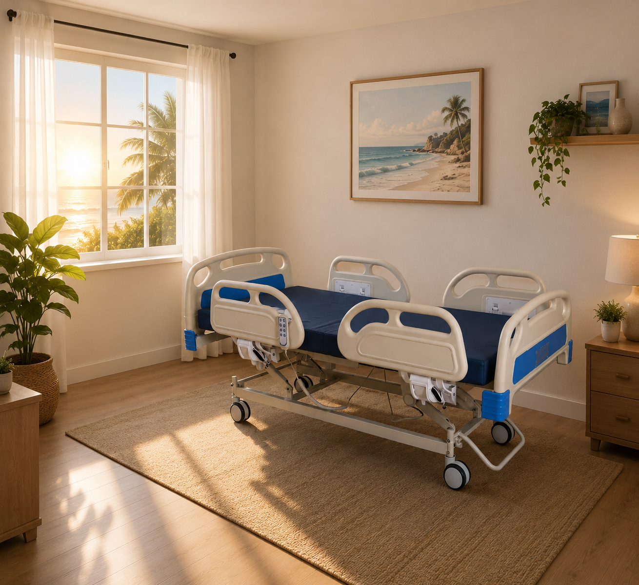 Cama tipo hospitalaria eléctrica con barandales independientes | CasaMedic