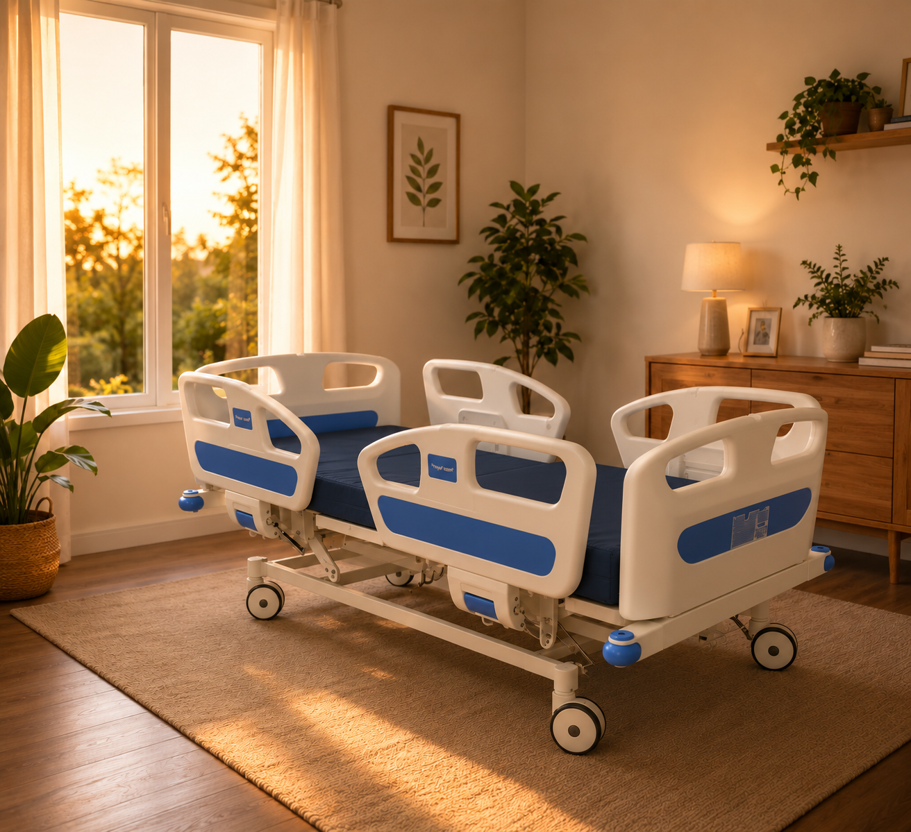 Cama tipo hospitalaria eléctrica con barandales altos  + Colchón de espuma 6" | Obsequio cojín de rodillas