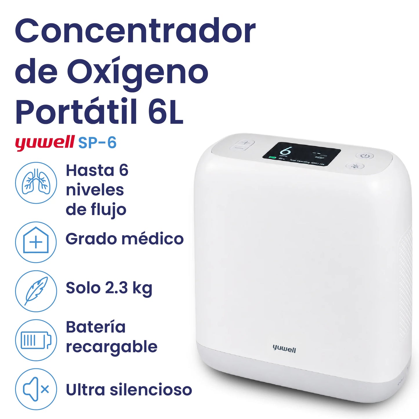 Concentrador de oxigeno portátil de 6 litros - 6 modos pulso - Ideal para viajes -  marca Yuwell