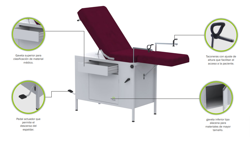 Mesa ginecológica sencilla MUBI HAMILTON con escabel